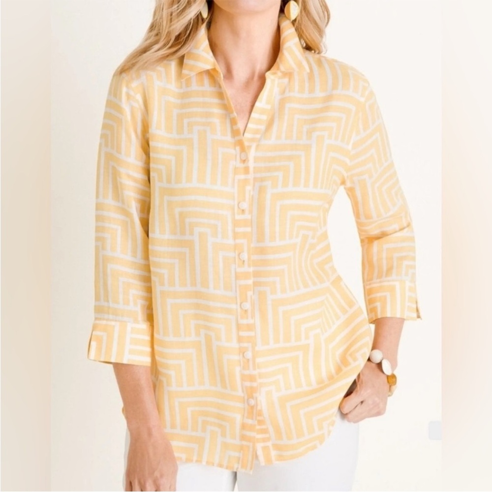 CHICO'S Cottage Coastal Grandma 100% Linen Yellow/WHT Geometric Print Top 20/22